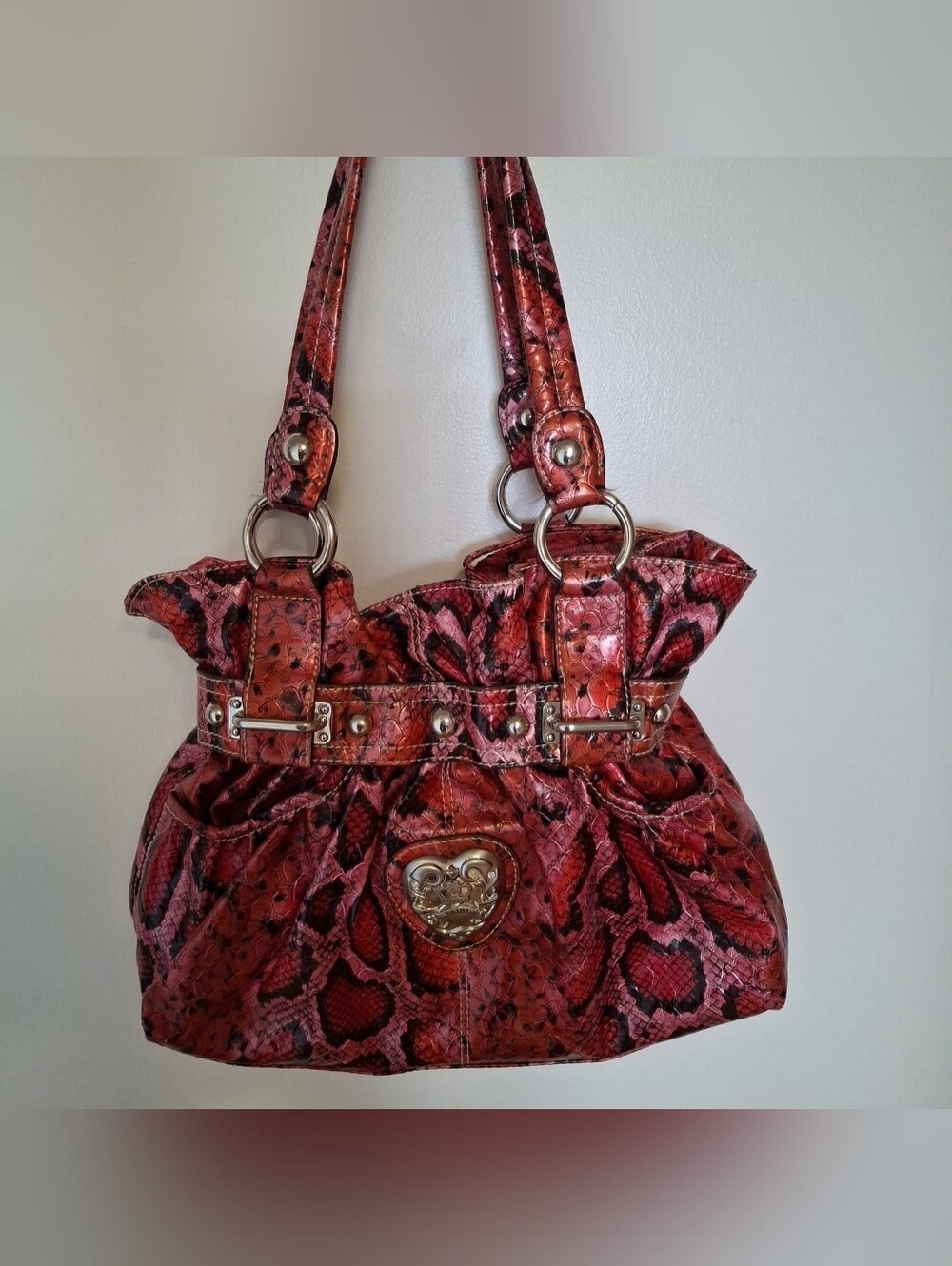 Y2K Kathy Van Zeeland Snake Skin Pattern Studded Shoulder Satchel Bag